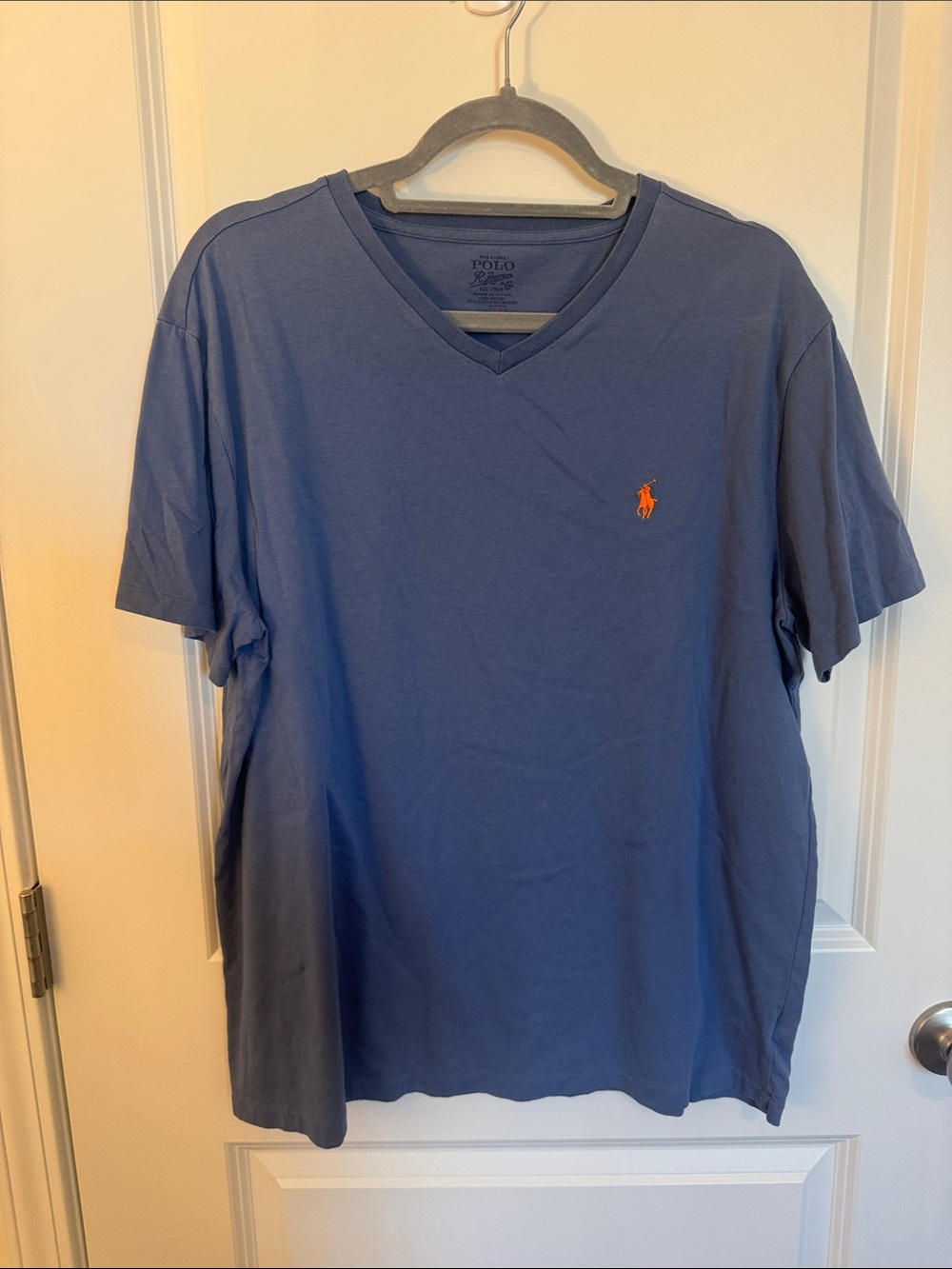 Polo by Ralph Lauren V-Neck T-Shirt in Blue with Orange Pony